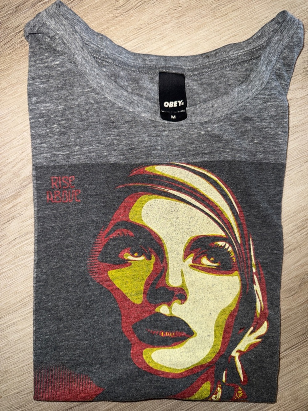 Obey Women's Short Sleeve Graphic Tee - Gray with Red & Yellow Print